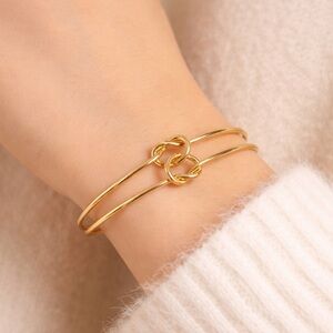 Double Love Knot Cuff Bangle | Gold Tone Adjustable Open Cuff Bracelet